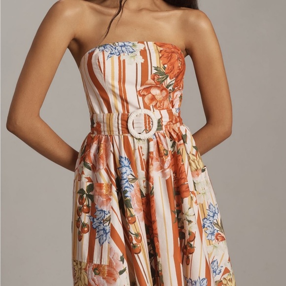 Anthropologie Maeve Strapless Belted A Line Midi Dress Red Floral Pockets XS NEW - Picture 4 of 16